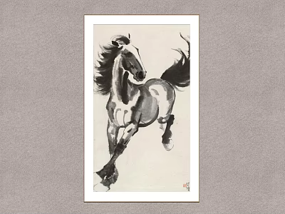 Black and White Running Horse Animal Painting in Chinese Ink Style with Frame 3d model