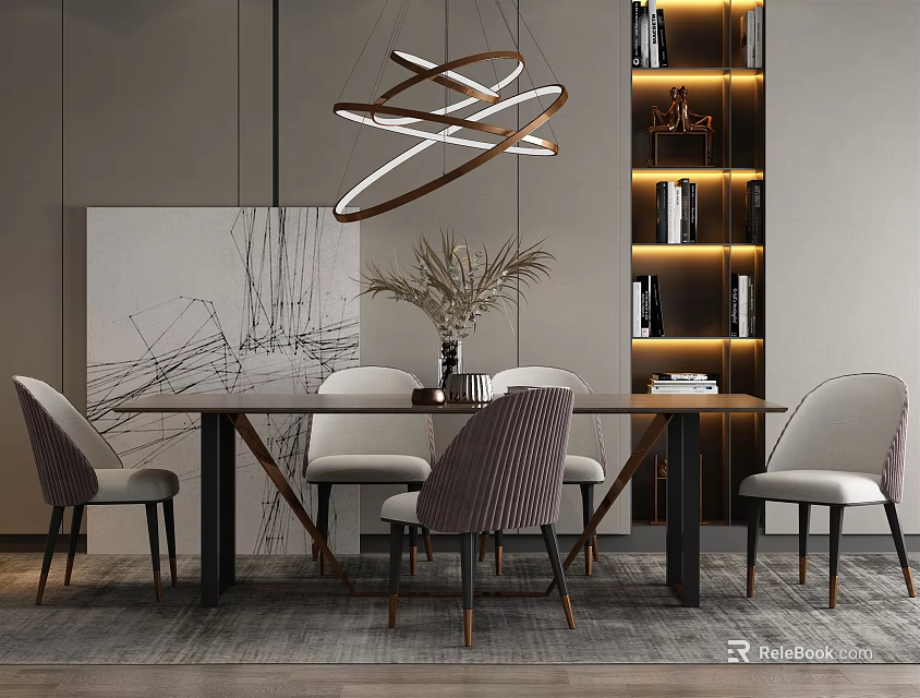 Modern Dining Table Set With Artistic Pendant Light Bookshelf And Chairs 3d model