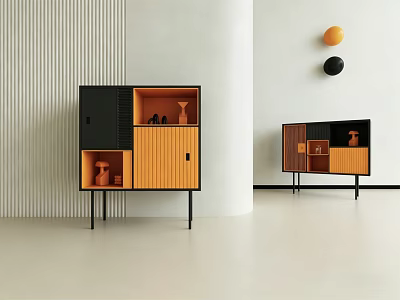 Modern Black and Orange Storage Chest of Drawers with Thin Legs and Vertical Striped Wall 3d model