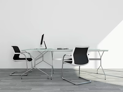 Modern Office Desk With Glass Top Silver Metal Frame And Black Chairs In Bright Room 3d model