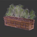 Green Plants in Rectangular Wooden Planter with Black Metal Decorative Borders on Dark Reflective Surface
