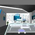 Modern Exhibition Hall Interior With White Circular Reception Desk Ceiling Lamp And Robot Model 3d model