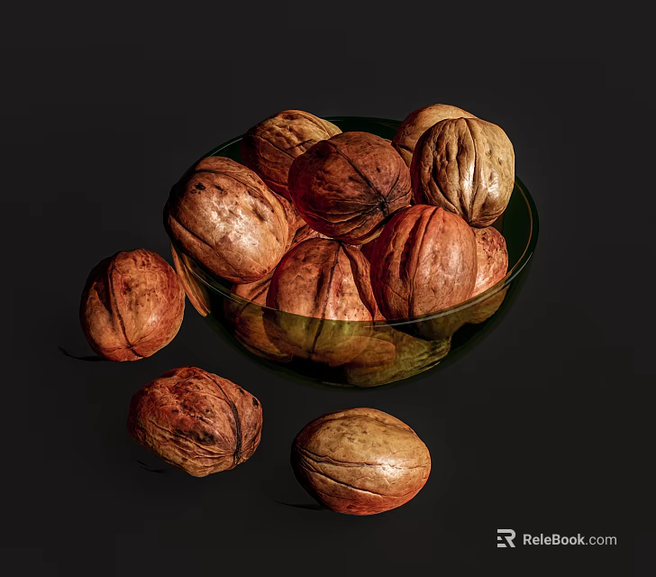 Fresh Walnuts In Green Glass Bowl With Some Scattered Outside On Dark Surface 3d model 