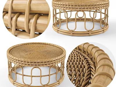 Modern Rattan Stool With Round Woven Seat And Natural Wooden Frame 3d model