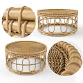 Modern Rattan Stool With Round Woven Seat And Natural Wooden Frame