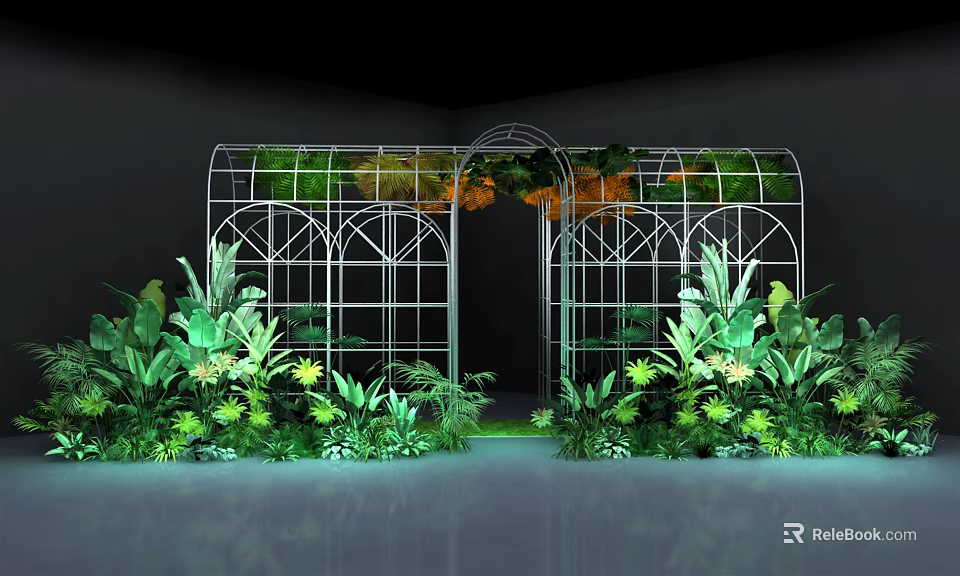 Floral Art Display With Metal Arch Frame Green Plants And Orange Blooms 3d model 