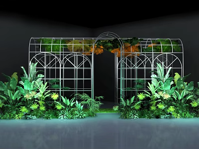 Floral Art Display With Metal Arch Frame Green Plants And Orange Blooms 3d model