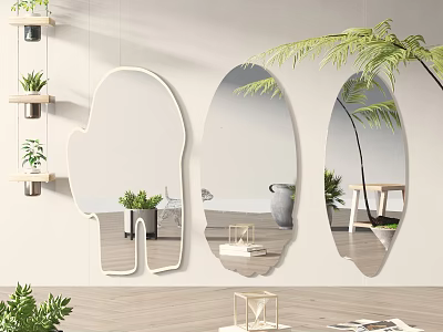 Three Unique Shaped Mirrors Wall Mounted in Modern Interior With Green Plants and Wooden Floor 3d model
