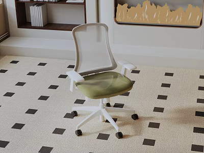 Modern Leisure Chair with White Frame Transparent Mesh Backrest Green Cushion and Rolling Base 3d model