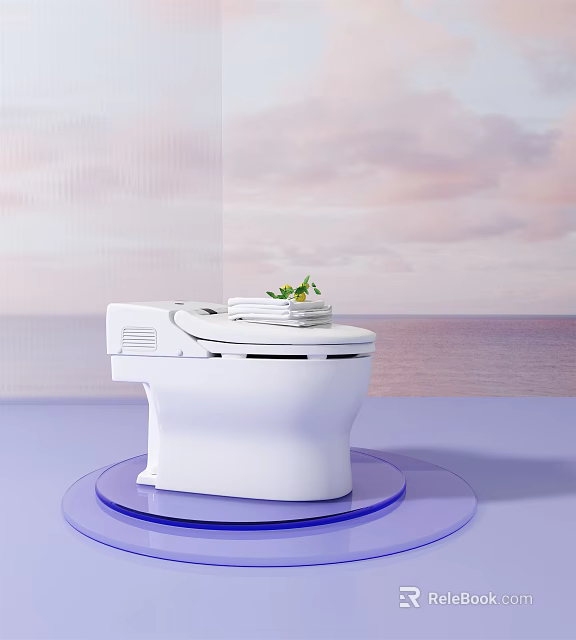 White Toilet with White Plate Green Plant on Lid Against Sky Ocean Background on Blue Platform 3d model 