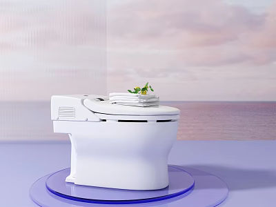 White Toilet with White Plate Green Plant on Lid Against Sky Ocean Background on Blue Platform 3d model