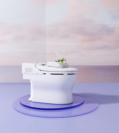 White Toilet with White Plate Green Plant on Lid Against Sky Ocean Background on Blue Platform 3d model