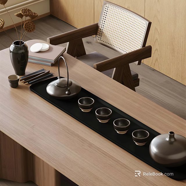 Modern Minimalist Tea Set With Teapot Teacups And Tray On Wooden Table 3d model 