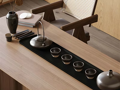 Modern Minimalist Tea Set With Teapot Teacups And Tray On Wooden Table 3d model
