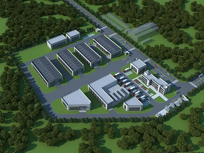 Industrial Factory Complex Aerial View With Green Surroundings Modern Buildings And Parking Area 3d model