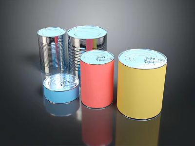 Colorful Food Cans In Various Sizes And Metallic Finishes On Black Surface 3d model