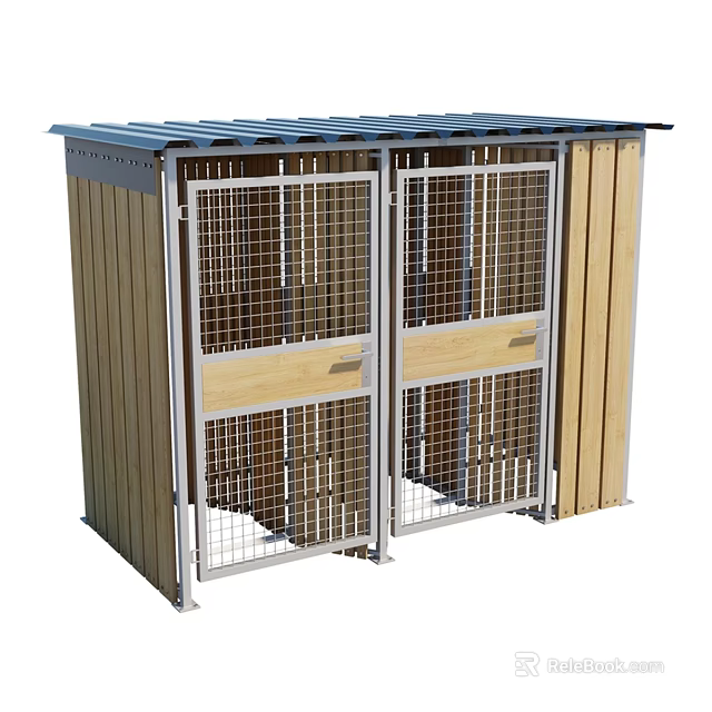 Ground Mounted Wooden Shed With Metal Roof And Double Wire Mesh Doors 3d model 