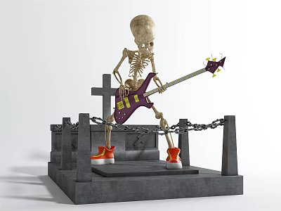 Decorative Ornament Set with Skeleton Purple Electric Guitar Cross Chain Red Sneakers on Gray Platform 3d model