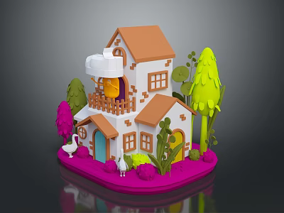 Cute Miniature House With Orange Roof Balcony Green Pink Trees Purple Lawn And White Goose 3d model