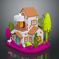 Cute Miniature House With Orange Roof Balcony Green Pink Trees Purple Lawn And White Goose