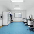 Modern Laboratory Interior With Blue Flooring White Cabinets Lab Benches And Fume Hood