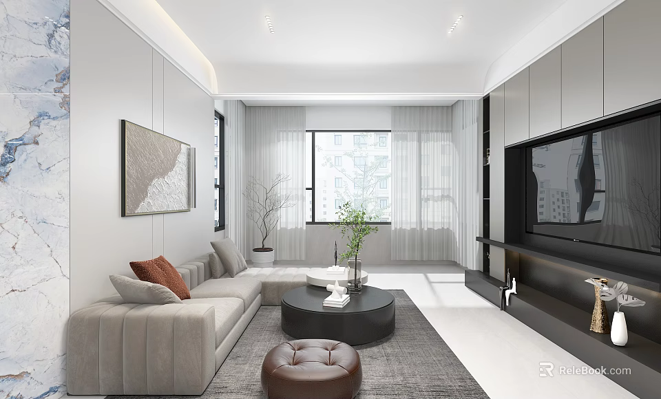 Modern Living Dining Room Interior Design With Beige Sofa Round Coffee Table And TV Wall 3d model 