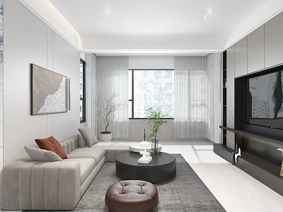 Modern Living Dining Room Interior Design With Beige Sofa Round Coffee Table And TV Wall 3d model