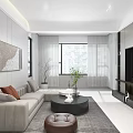 Modern Living Dining Room Interior Design With Beige Sofa Round Coffee Table And TV Wall