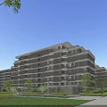 Modern Residential Building With Modern Facade Large Windows Green Lawn Trees Pathway And People Walking