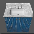Stylish Blue Bathroom Cabinet With Marble Countertop And Sink Faucets