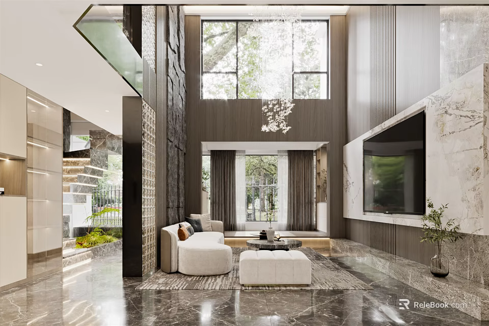 Modern Duplex Living Room With High Ceiling Large Windows Sofa Coffee Table And TV Wall 3d model 