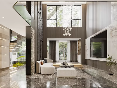 Modern Duplex Living Room With High Ceiling Large Windows Sofa Coffee Table And TV Wall 3d model