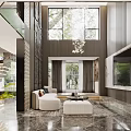 Modern Duplex Living Room With High Ceiling Large Windows Sofa Coffee Table And TV Wall