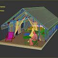 Glamping Tent Interior With Wooden Floor Bed Table Chairs And People Sitting Comfortably