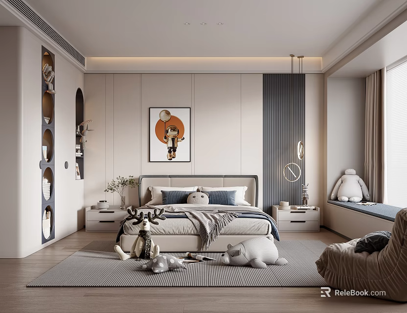 Modern Children's Bedroom With Plush Toys And Art Decor 3d model 