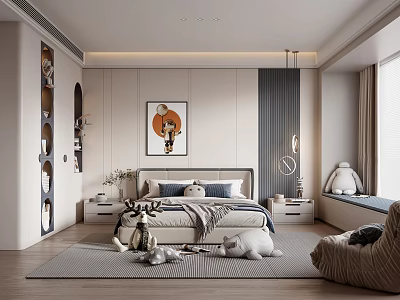 Modern Children's Bedroom With Plush Toys And Art Decor 3d model