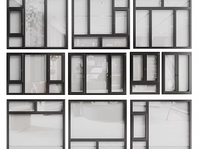 Various Modern Window Designs Featuring Glass Panels And Black Frames 3d model