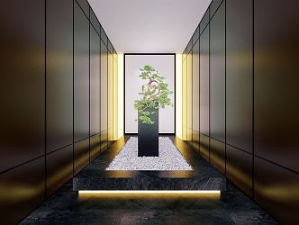 New Chinese style corridor courtyard landscape sketch indoor dry landscape plants 3d model