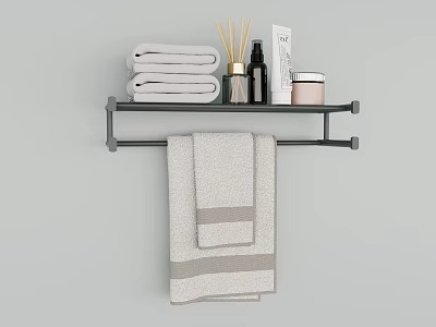Stylish Bathroom Towel Rack With Folded Towels Striped Hanging Towel Aromatherapy Sticks And Skincare Products 3d model
