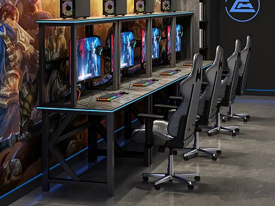 Esports Gaming Room Setup Featuring Multiple Computer Monitors Ergonomic Chairs And Colorful Game Mural 3d model