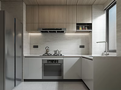 Modern Kitchen Interior With Light Wood Cabinets White Countertop Range Hood And Stainless Steel Appliances 3d model