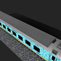 Blue Passenger Train Carriage With Decorative Patterns And Windows On Railway Track 3d model