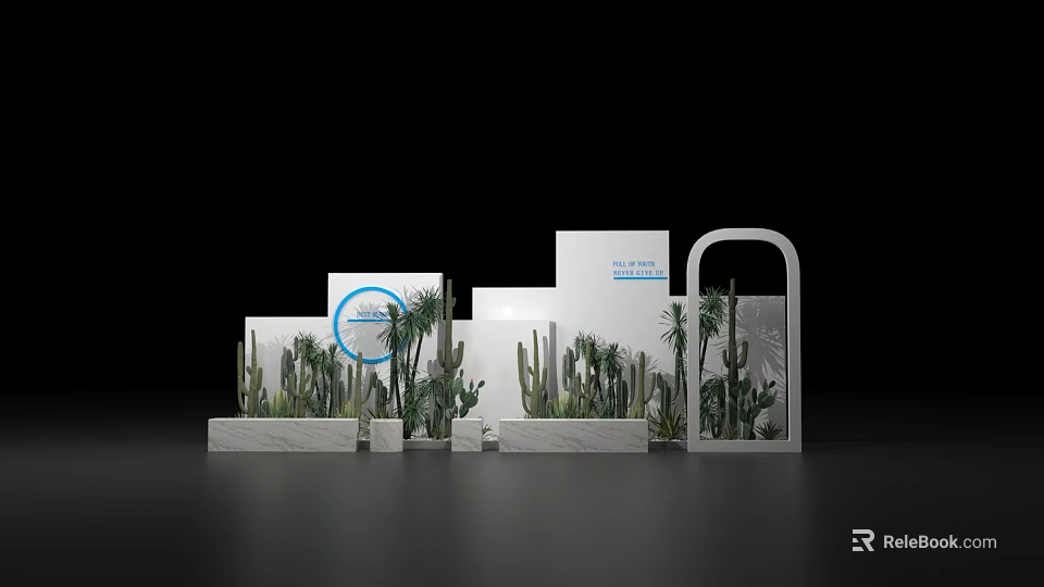 Indoor Plant Display With White Platforms Green Plants White Signs And Blue Circular Logo 3d model 