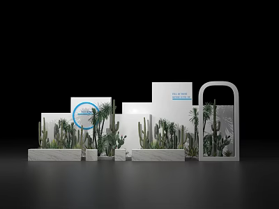 Indoor Plant Display With White Platforms Green Plants White Signs And Blue Circular Logo 3d model