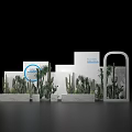 Indoor Plant Display With White Platforms Green Plants White Signs And Blue Circular Logo