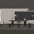 Modern Minimalist Tea Room Interior Design With Wooden Long Table Storage Cabinets And Plants