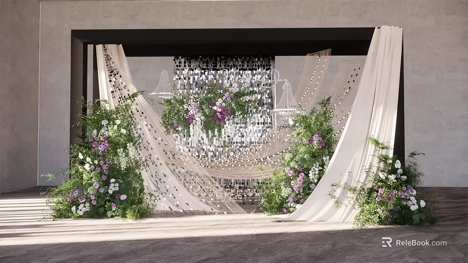 Elegant Wedding Backdrop With White Drapes Purple White Flowers Greenery And Crystal Decorations 3d model 