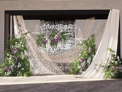 Elegant Wedding Backdrop With White Drapes Purple White Flowers Greenery And Crystal Decorations 3d model