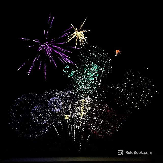 Professional Commercial Event Equipment with Colorful Fireworks Display on Black Background 3d model 