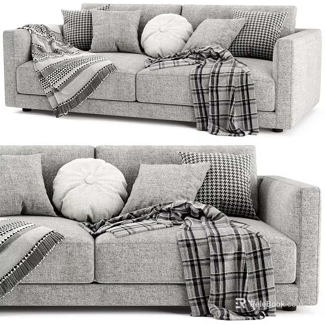 Cozy Two Seater Sofa with Plush Pillows and Checkered Blanket Accents 3d model 
